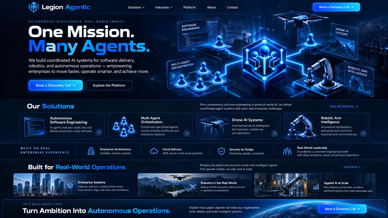 Legion Agentic platform architecture: multi-agent orchestration connecting software engineering, drone AI and robotic systems
